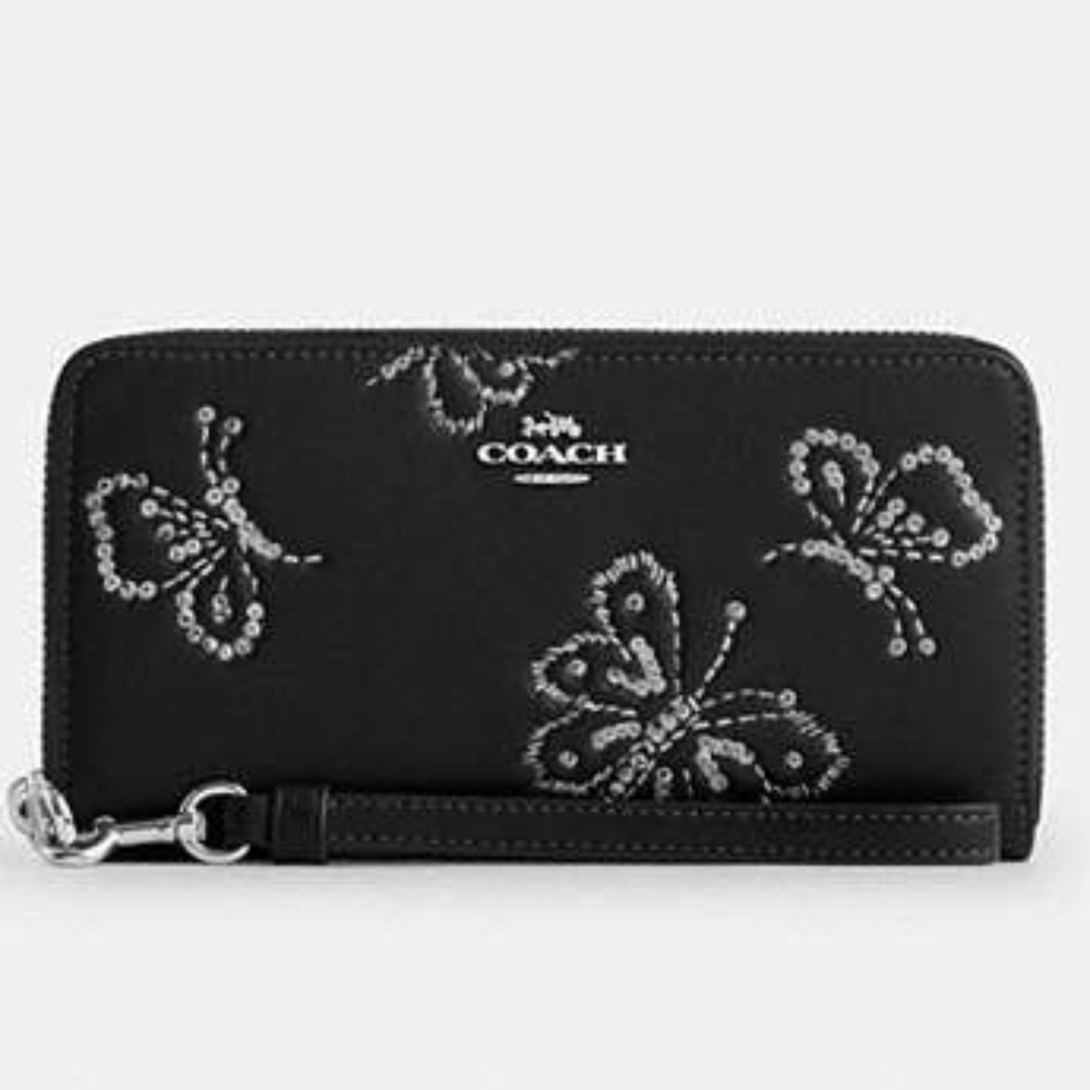 ✨NEW✨COACH Black with Silver Butterfly Print Long Zip Around Wristlet/Wallet